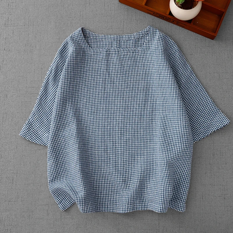 Ретро японская хлопково-льняная клетчатая футболка женская летняя свободная утягивающая повседневная футболка с квадратным воротником ort Sve Top
Ретро японская хлопково-льняная клетчатая футболка женская летняя свободная утягивающая повседневная футболка с квадратным воротником ort Sve Top