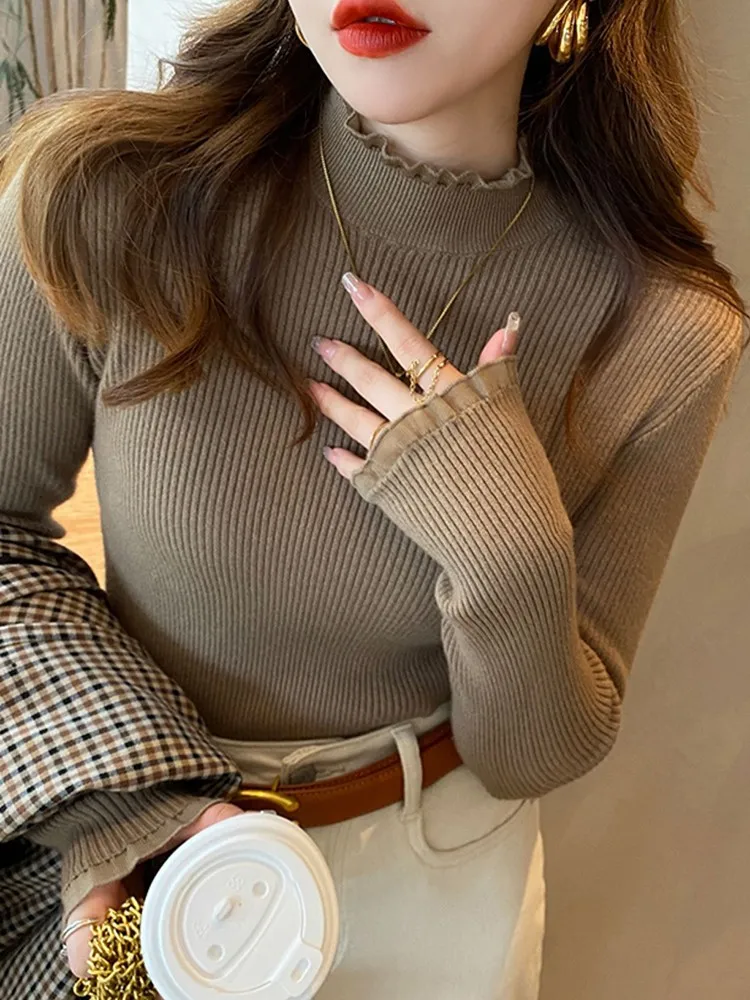 Ruched Lace Solid Basic Knitted Tops Women Turtlneck Sweater Long Sleeve Casual Slim Pullover Korean Fashion Simple Chic Clothes
Ruched Lace Solid Basic Knitted Tops Women Turtlneck Sweater Long Sleeve Casual Slim Pullover Korean Fashion Simple Chic Clothes