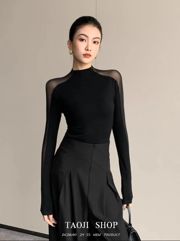 Sexy Splice Knitted Mesh Insertion Black Top Women's New Style Spring Autumn Slimming Base Layer Shirt High Collar Long Sleeve
Sexy Splice Knitted Mesh Insertion Black Top Women's New Style Spring Autumn Slimming Base Layer Shirt High Collar Long Sleeve