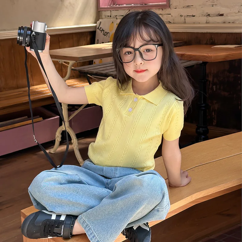 Girls' Summer Solid Color Knitted T-shirt for Children's Casual Korean Short Sleeve Top All-match Fashion Shirt
Girls' Summer Solid Color Knitted T-shirt for Children's Casual Korean Short Sleeve Top All-match Fashion Shirt