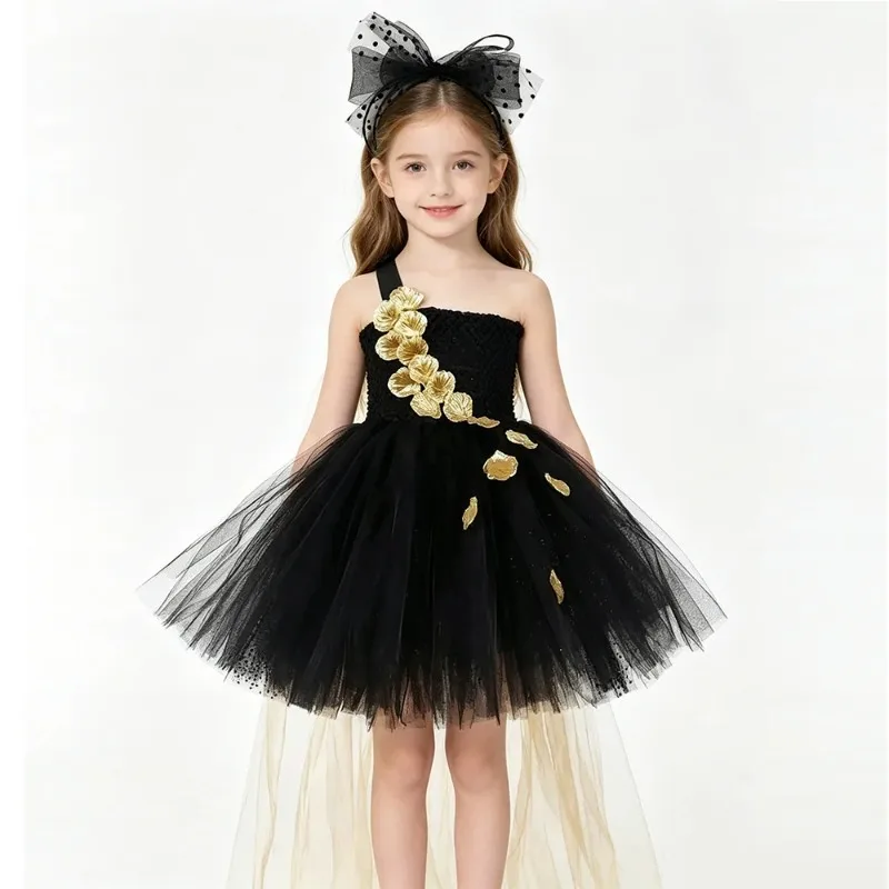 Black Princess Puffy Tulle Dress with Golden Petal Details and Train for Girls, Elegant Party Gown for Birthday Celebrations
Black Princess Puffy Tulle Dress with Golden Petal Details and Train for Girls, Elegant Party Gown for Birthday Celebrations
