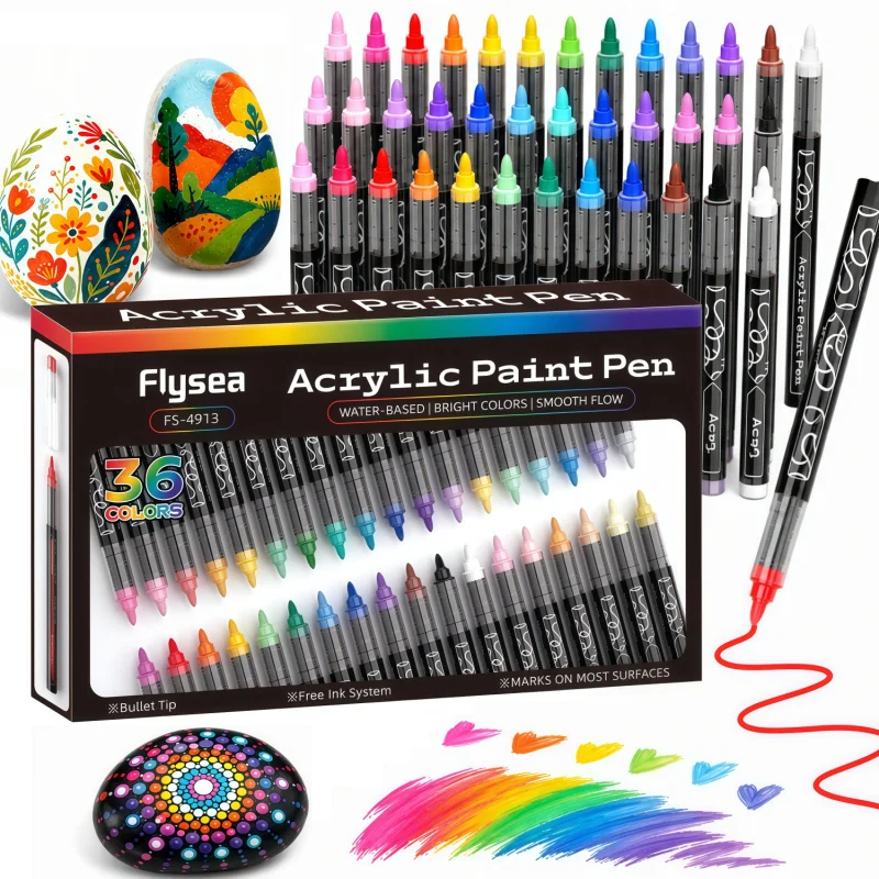 2/24/36-Color Acrylic Markers – Suitable for surfaces such as stone, wood, ceramics, glass, canvas, fabric, and pottery.
2/24/36-Color Acrylic Markers – Suitable for surfaces such as stone, wood, ceramics, glass, canvas, fabric, and pottery.