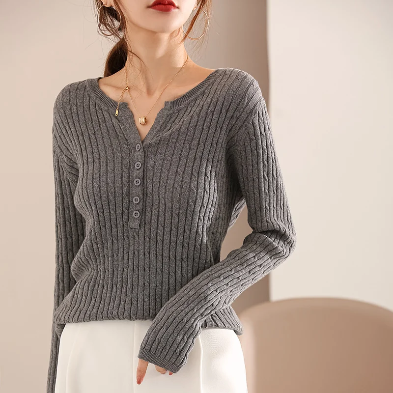 Autumn and winter new 100% cotton knitwear women's V-neck sweater
Autumn and winter new 100% cotton knitwear women's V-neck sweater