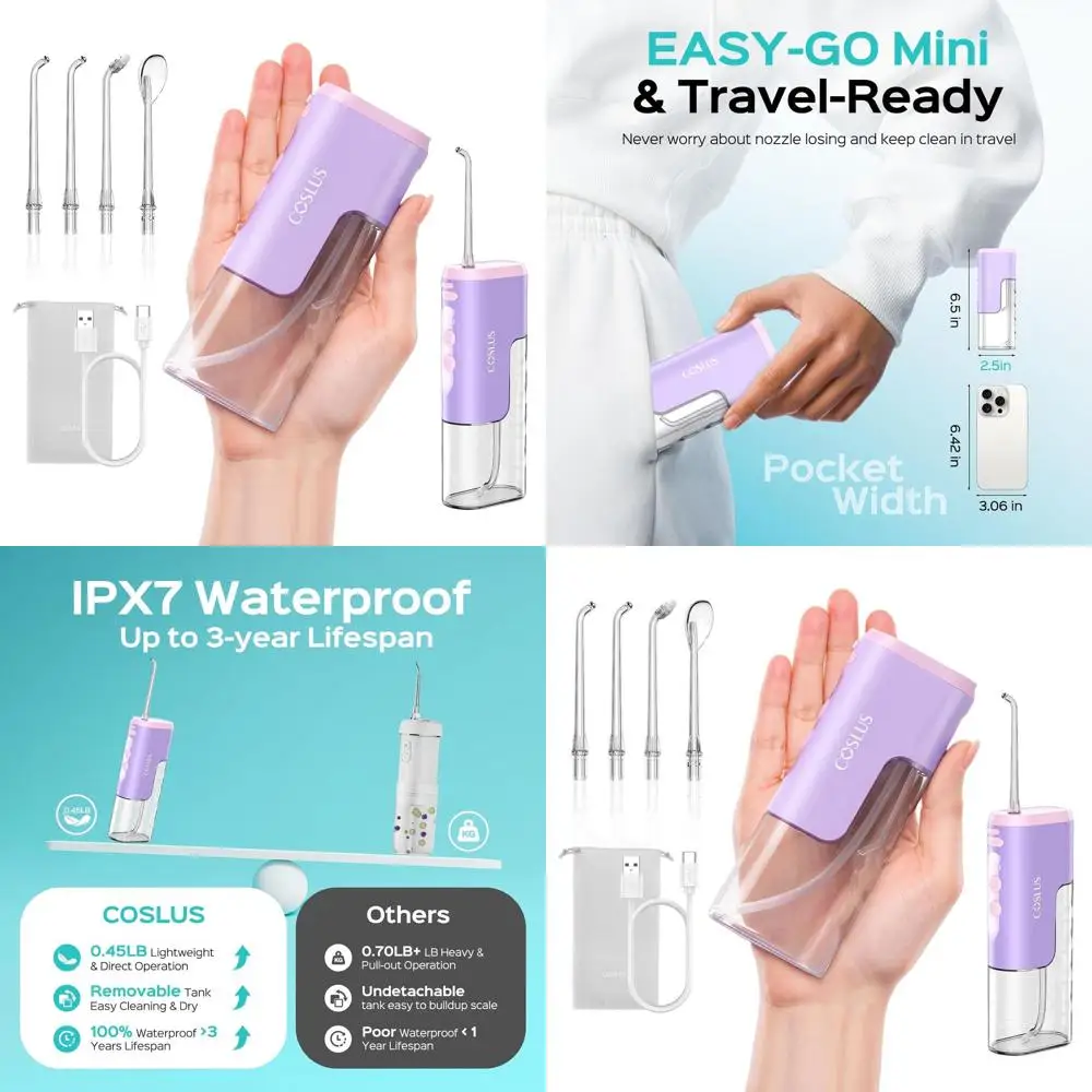 Портативный компактный ирригатор для полости рта: беспроводной, 4 насадки, съемный резервуар, водонепроницаемость IPX7, идеально подходит для путешествий, брекетов, чувствительных зубов.
Портативный компактный ирригатор для полости рта: беспроводной, 4 насадки, съемный резервуар, водонепроницаемость IPX7, идеально подходит для путешествий, брекетов, чувствительных зубов.