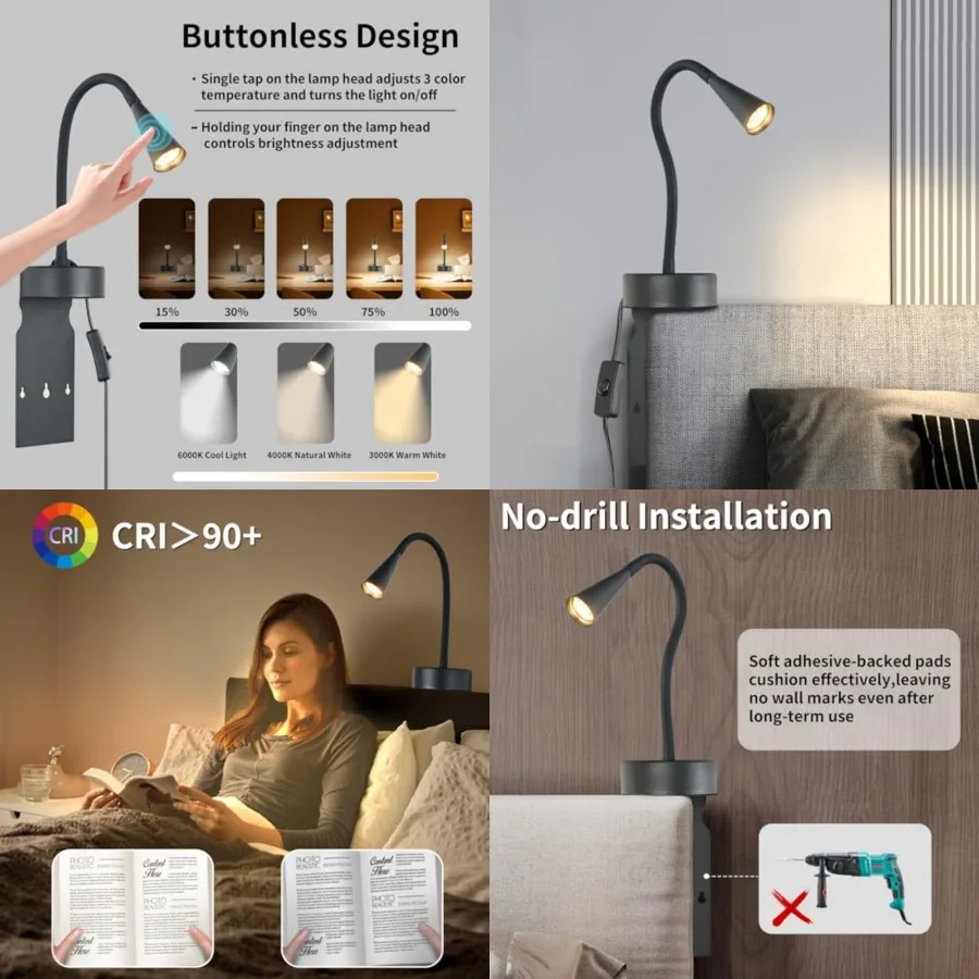 Headboard Reading Light, No Drilling Wall Mounted Reading Lights for Bedside, Book Light for Bedtime Reading, Buttonless Dimmab
Headboard Reading Light, No Drilling Wall Mounted Reading Lights for Bedside, Book Light for Bedtime Reading, Buttonless Dimmab