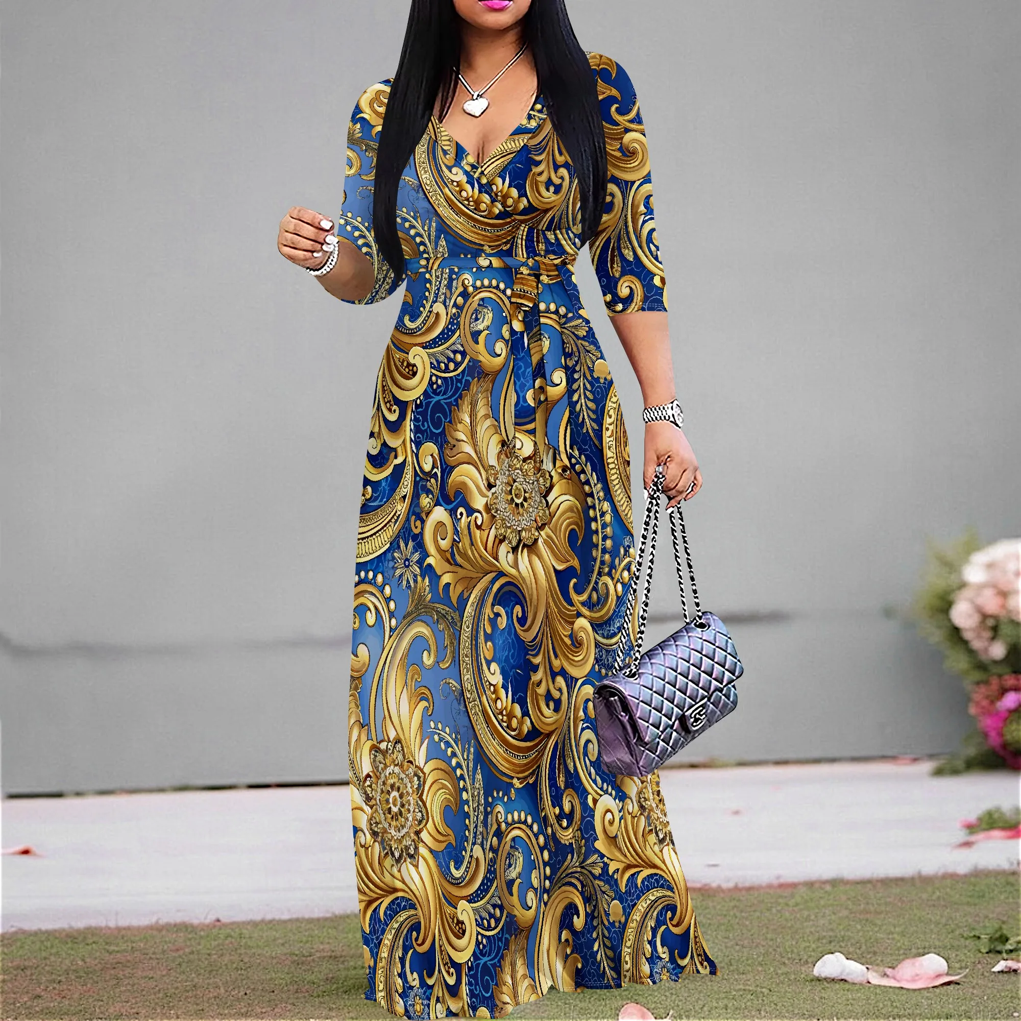 Afrocentric Floral Print Dress Women's Casual V-Neck Belted Maxi Dress S-3XL Elegant Party Wear
Afrocentric Floral Print Dress Women's Casual V-Neck Belted Maxi Dress S-3XL Elegant Party Wear