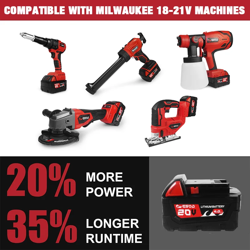 for Milwaukee EGOD Li-ion Battery 20V 4.0 AH with LED Power Display Charging Indicator Compatible with All Milwaukee Power Tools
for Milwaukee EGOD Li-ion Battery 20V 4.0 AH with LED Power Display Charging Indicator Compatible with All Milwaukee Power Tools