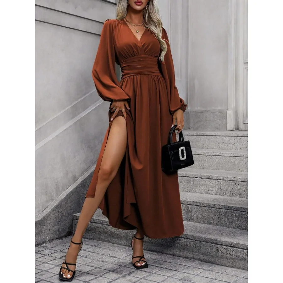 【New Arrival】Brown V-Neck Long Sleeve High Waist Maxi Dress with Side Slit for Women Party Evening Sundress
【New Arrival】Brown V-Neck Long Sleeve High Waist Maxi Dress with Side Slit for Women Party Evening Sundress
