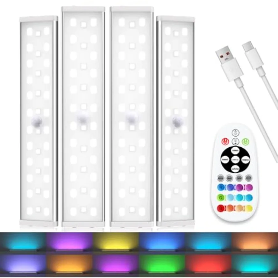 Under Cabinet Lighting, RGB Rechargeable Motion Sensor Light Indoor Night Lights, 58-LED Remote Control Under Counter Lights fo