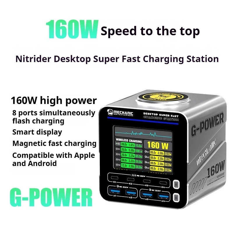 MECHANIC G-POWER gallium nitride desktop super fast charging station 100W PD protocol, 22.5W QC3.0, 15W magnetic fast charging
MECHANIC G-POWER gallium nitride desktop super fast charging station 100W PD protocol, 22.5W QC3.0, 15W magnetic fast charging
