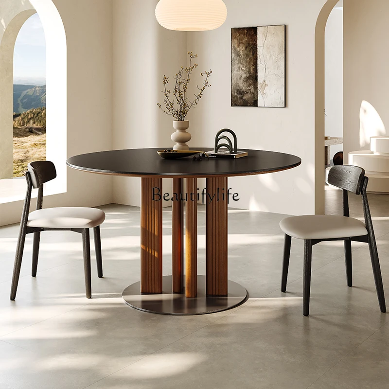 French medieval solid wood rock slab round dining table stainless steel retro dining table
French medieval solid wood rock slab round dining table stainless steel retro dining table