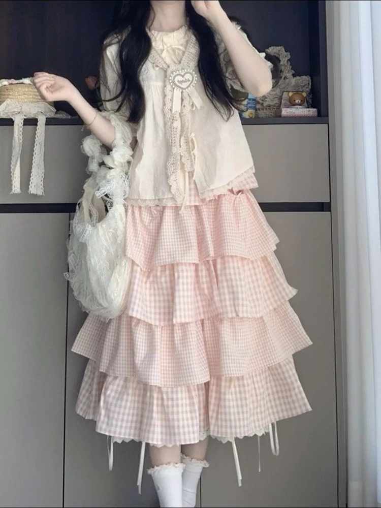 Japanese Kawaii Sweet Lolita Set, Bow Tie Blouse & Pink Plaid Tiered Skirt, Sweet Casual Two-Piece Outfit for Girls
Japanese Kawaii Sweet Lolita Set, Bow Tie Blouse & Pink Plaid Tiered Skirt, Sweet Casual Two-Piece Outfit for Girls