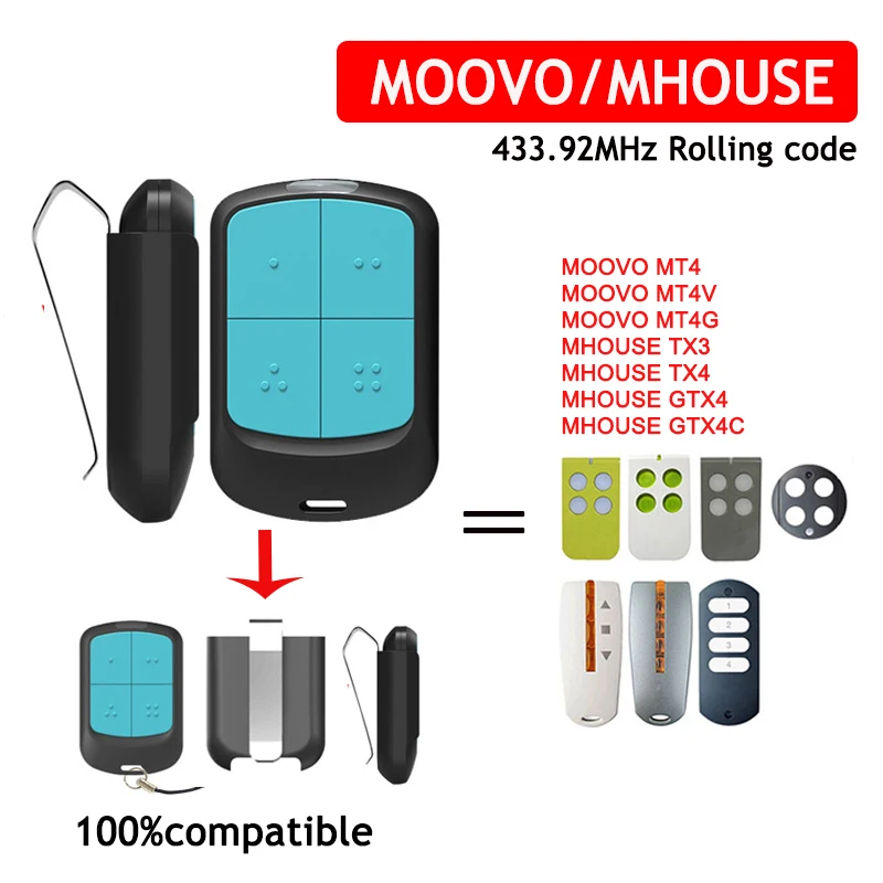 MHOUSE MOOVO remote control for GTX4C GTX4 TX4 TX3 MT4 MT4V MT4G garage door remote control 433.92MHz rolling code
MHOUSE MOOVO remote control for GTX4C GTX4 TX4 TX3 MT4 MT4V MT4G garage door remote control 433.92MHz rolling code