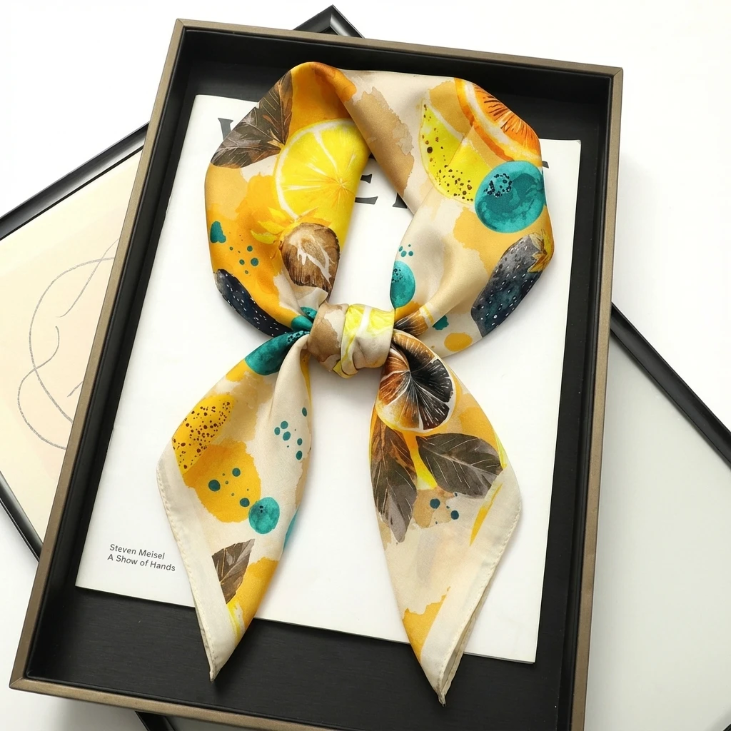 70cm Summer Square Silk Scarf for Women Fruit Print Pattern Bandana and Fashion Headscarf Bag Tie Ribbon use on the Beach
70cm Summer Square Silk Scarf for Women Fruit Print Pattern Bandana and Fashion Headscarf Bag Tie Ribbon use on the Beach