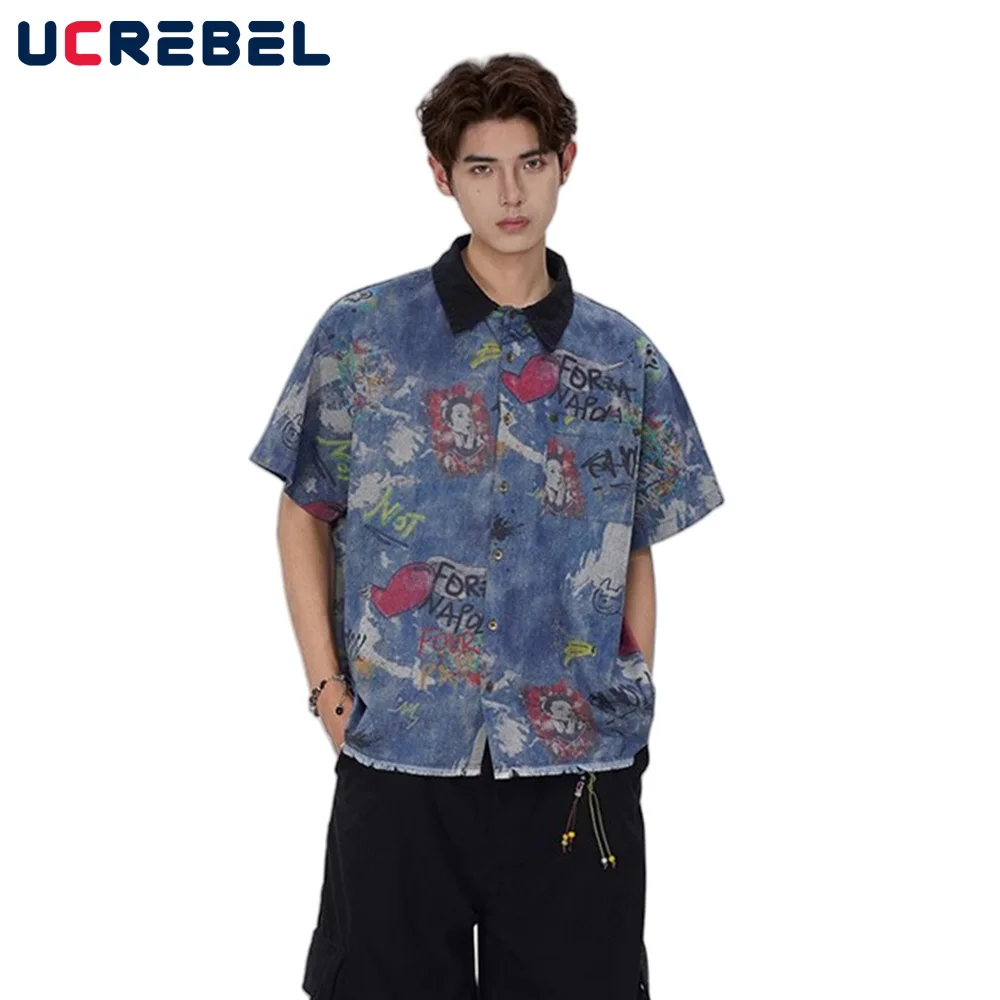 Graffiti Print Short Sleeve Shirts Mens Raw edge Summer High Street Washed Distressed Lapel Single Breasted Shirts Men
Graffiti Print Short Sleeve Shirts Mens Raw edge Summer High Street Washed Distressed Lapel Single Breasted Shirts Men