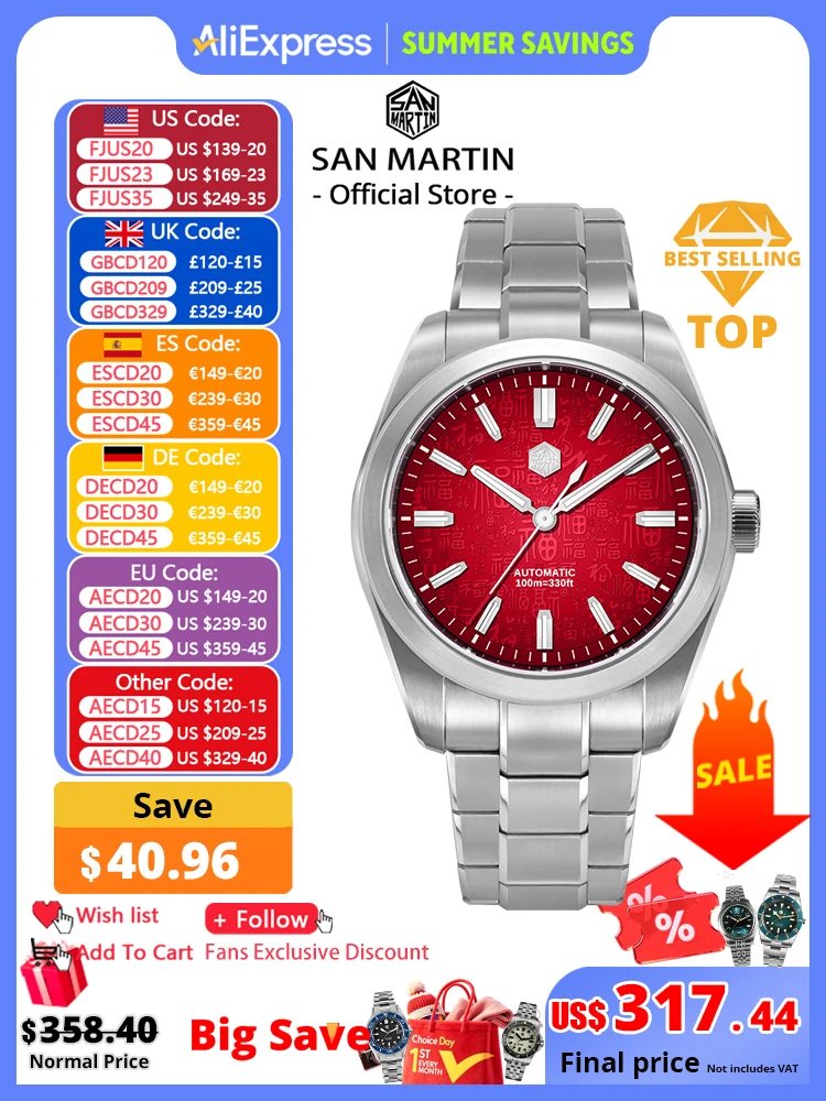 San Martin 39mm Chinese Style 3D "Fu" Hundred Blessings Dial Miyota 9039 Men Automatic Mechanical Watch Original Design SN0144
San Martin 39mm Chinese Style 3D "Fu" Hundred Blessings Dial Miyota 9039 Men Automatic Mechanical Watch Original Design SN0144
