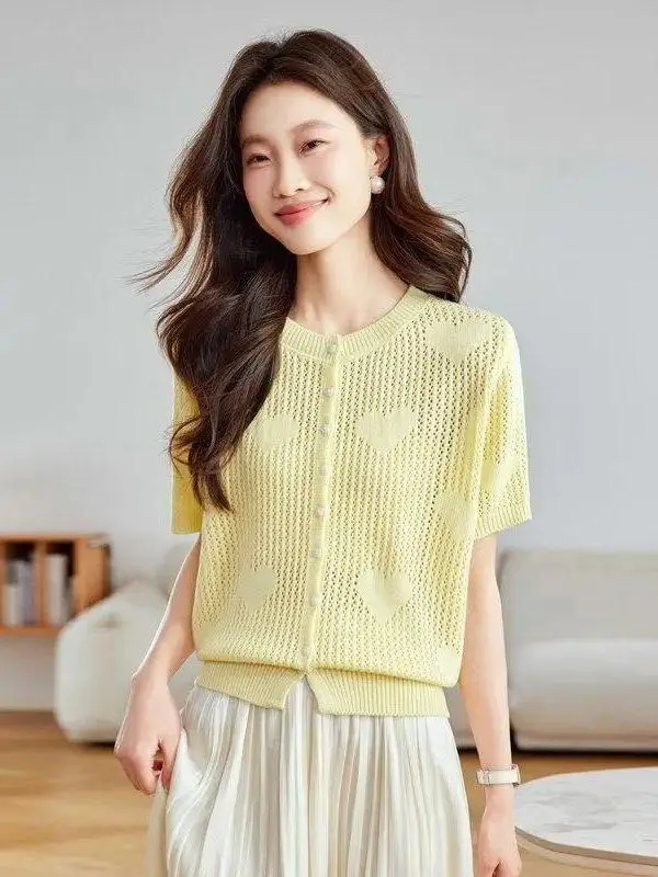 Summer New Hollow out Thin Design Ice Silk Knitted Short Sleeve Women's T-shirt Fashionable Short Style Small Shirt Knitted Top
Summer New Hollow out Thin Design Ice Silk Knitted Short Sleeve Women's T-shirt Fashionable Short Style Small Shirt Knitted Top