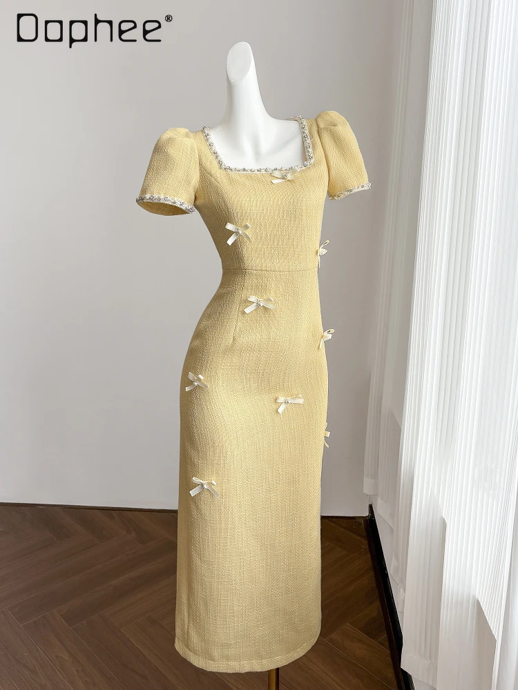 High Sense Retro Tweed Short-sleeved Dress Women Fashion Heavy Industry Beaded Square Neck Bow Slim A-line Dress Evening Dresses
High Sense Retro Tweed Short-sleeved Dress Women Fashion Heavy Industry Beaded Square Neck Bow Slim A-line Dress Evening Dresses