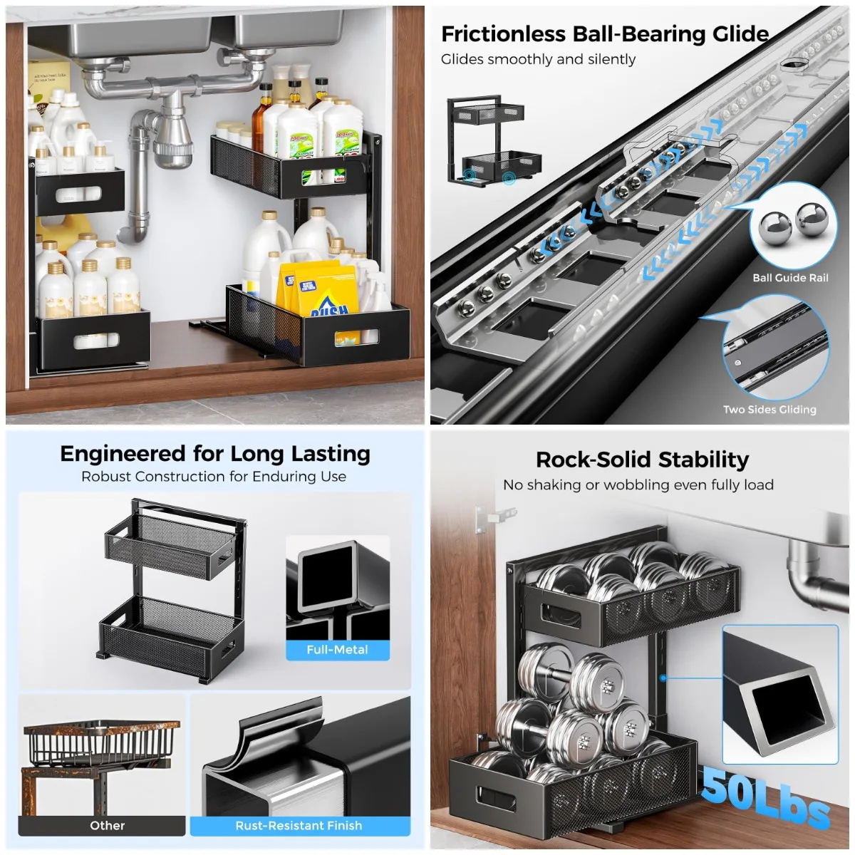 2 Pack Adjustable Under Sink Organizer, Smooth Silent Metal Drawer for Kitchen Bathroom Pantry (Black)
2 Pack Adjustable Under Sink Organizer, Smooth Silent Metal Drawer for Kitchen Bathroom Pantry (Black)