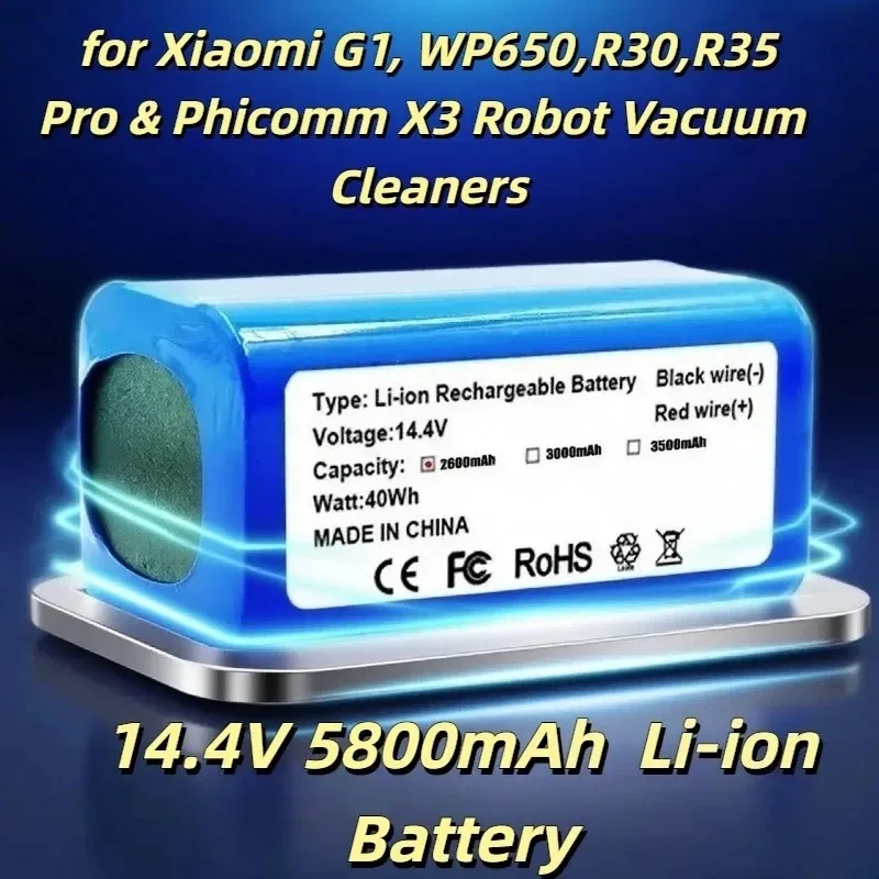 Литий-ионный аккумулятор 14,4 В, 5800 мАч для роботов-пылесосов Xiaomi G1, WP650, R30, R35 Pro и Phicomm X3, надежная и долговечная энергия
Литий-ионный аккумулятор 14,4 В, 5800 мАч для роботов-пылесосов Xiaomi G1, WP650, R30, R35 Pro и Phicomm X3, надежная и долговечная энергия