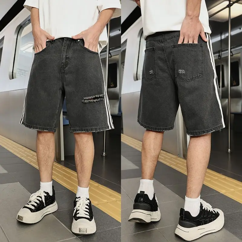 American Black Side Stripe Men's Jeans Shorts Ripped Holes Straight Leg Loosen Denim Short For Man
American Black Side Stripe Men's Jeans Shorts Ripped Holes Straight Leg Loosen Denim Short For Man
