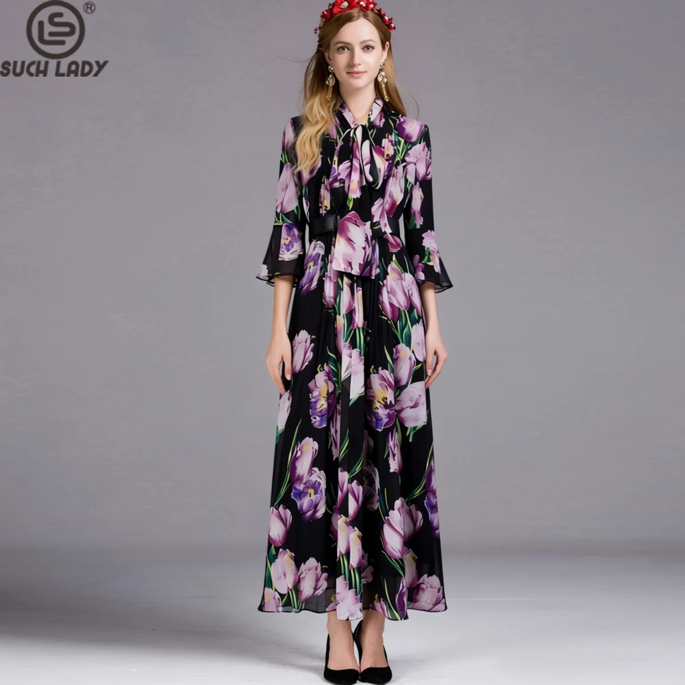 Elegant Black Tulip Floral Print Maxi Dress with Ruffled Collar, Bell Sleeves, and Waist Belt, Floor Length Formal Gown Vestidos
Elegant Black Tulip Floral Print Maxi Dress with Ruffled Collar, Bell Sleeves, and Waist Belt, Floor Length Formal Gown Vestidos