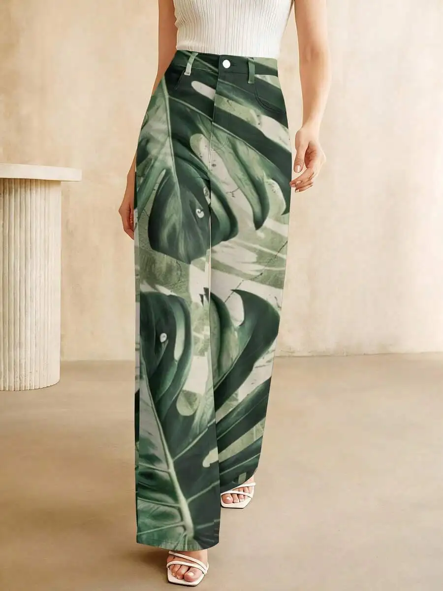High-Waist Wide-Leg Denim Pants With Monstera Leaf Print Womens Loose Fit Summer Spring Outfit
High-Waist Wide-Leg Denim Pants With Monstera Leaf Print Womens Loose Fit Summer Spring Outfit