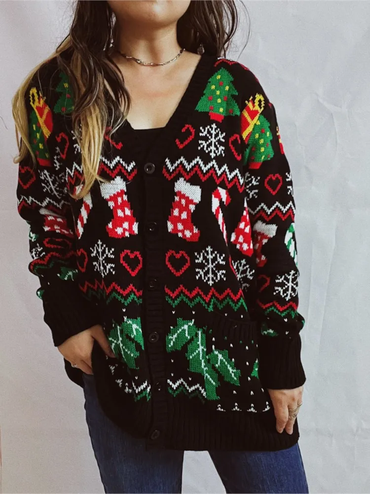 Y2k Woman's Christmas Sweater Fashion V-neck Single-row Buckle Loose Cardigan Sweaters Autumn Winter Lady Holiday Party Clothing
Y2k Woman's Christmas Sweater Fashion V-neck Single-row Buckle Loose Cardigan Sweaters Autumn Winter Lady Holiday Party Clothing