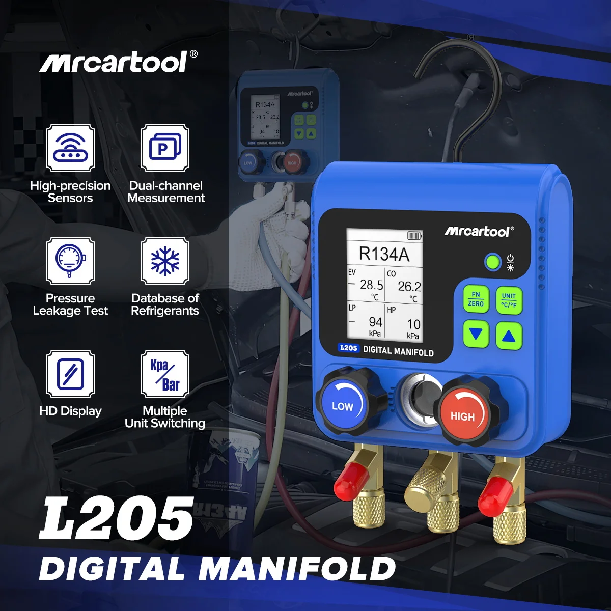 MR CARTOOL L205 Digital Refrigeration Manifold HVAC Cold Medium Vacuum Pressure Temp Car Air Conditioning Tester
MR CARTOOL L205 Digital Refrigeration Manifold HVAC Cold Medium Vacuum Pressure Temp Car Air Conditioning Tester