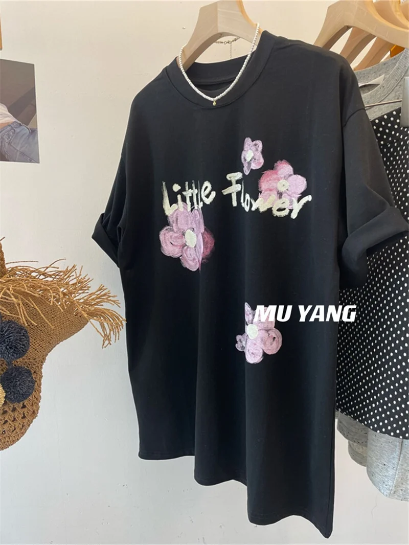 Loose Black T-Shirt Women's Oversize Cotton Polyester Blend round Neck Short Sleeve Floral Letter Print Korean Style Commute
Loose Black T-Shirt Women's Oversize Cotton Polyester Blend round Neck Short Sleeve Floral Letter Print Korean Style Commute