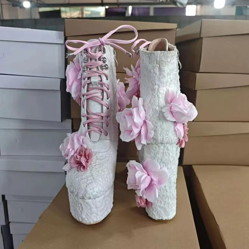 White Lace Pink Flowers Front Cross Straps Chunky Heel Boots Woman Winter 2026 Round Toe Platform Romantic Woman's Boots
White Lace Pink Flowers Front Cross Straps Chunky Heel Boots Woman Winter 2026 Round Toe Platform Romantic Woman's Boots