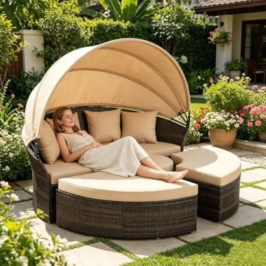Outdoor Patio Round Daybed with Retractable Canopy, Brown Wicker Furniture Sectional Couch with Washable Cushions, Backyard, Po
Outdoor Patio Round Daybed with Retractable Canopy, Brown Wicker Furniture Sectional Couch with Washable Cushions, Backyard, Po
