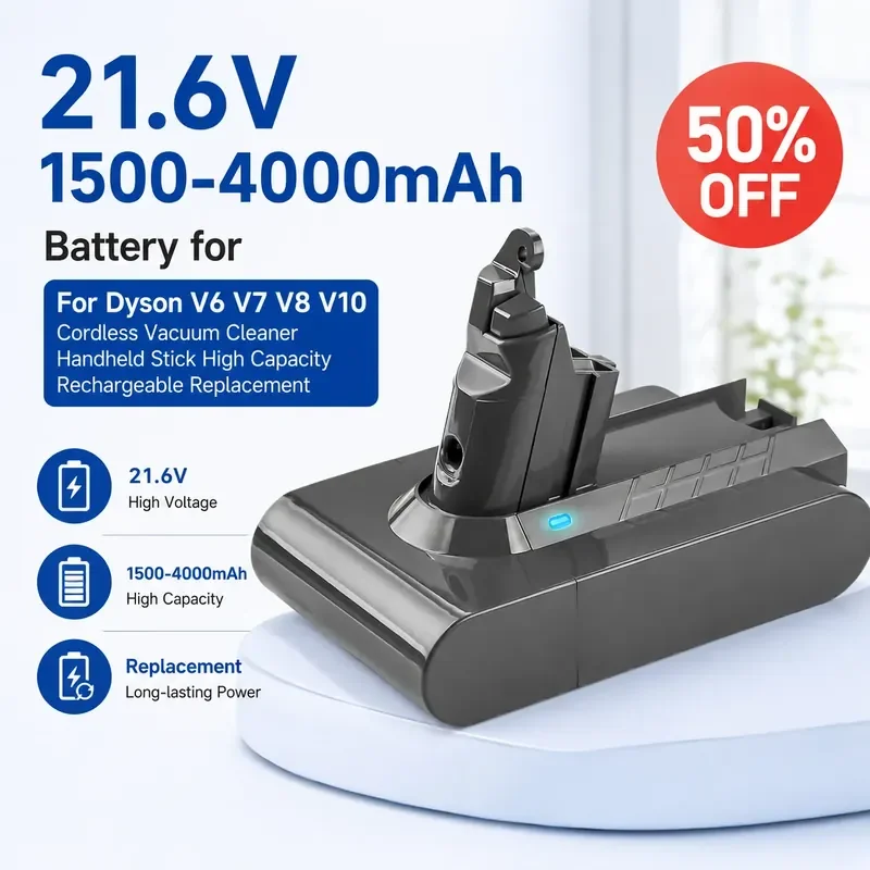 21.6V 1500-4100mAh Battery for Dyson V6 V7 V8 V10 Cordless Vacuum Cleaner Handheld Stick High Capacity Rechargeable Replacement
21.6V 1500-4100mAh Battery for Dyson V6 V7 V8 V10 Cordless Vacuum Cleaner Handheld Stick High Capacity Rechargeable Replacement
