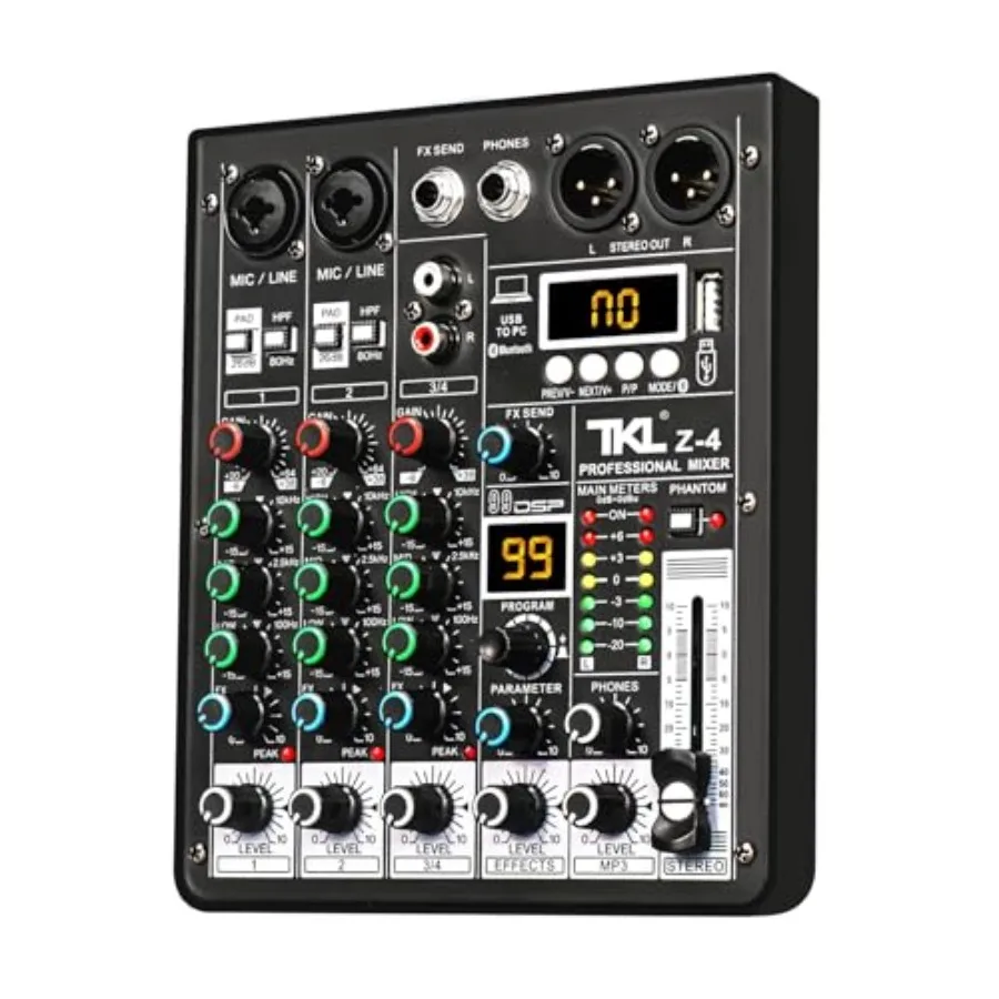 4 Channel Podcast Audio Mixer Compact Mixing Console with 99 DSP Effects 48V Phantom Power XLR Inputs for Recording Home Studio
4 Channel Podcast Audio Mixer Compact Mixing Console with 99 DSP Effects 48V Phantom Power XLR Inputs for Recording Home Studio