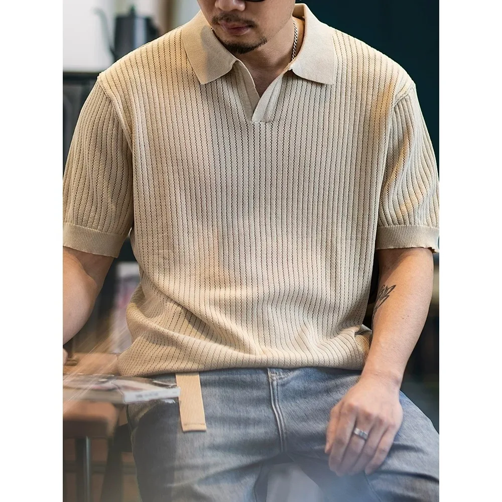 High-Quality Vintage Short-Sleeve Men's Polo Shirt For Summer, Knitted With Vertical Ribbed Stripes, Clean Fit V-Neck, Trendy
High-Quality Vintage Short-Sleeve Men's Polo Shirt For Summer, Knitted With Vertical Ribbed Stripes, Clean Fit V-Neck, Trendy