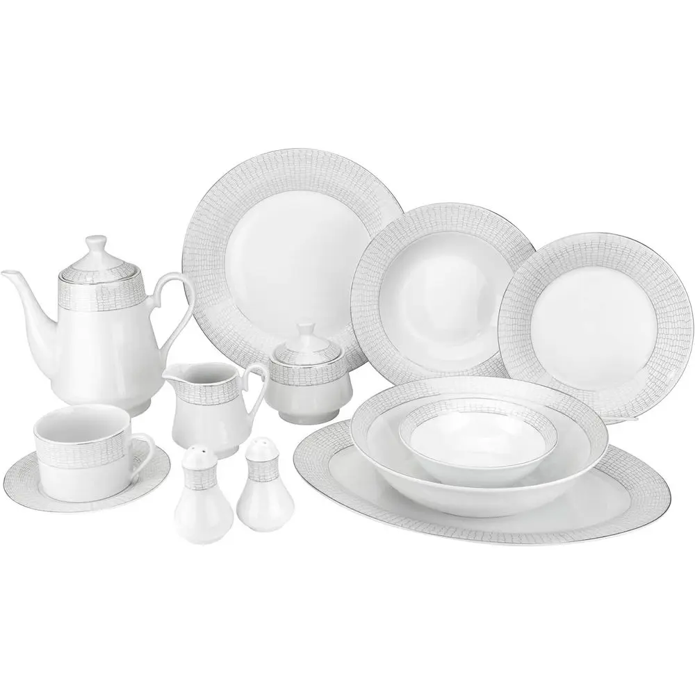Elegant 57-Piece Bone China Dinnerware Set with Decorative Rims, White Dinnerware for 8
Elegant 57-Piece Bone China Dinnerware Set with Decorative Rims, White Dinnerware for 8