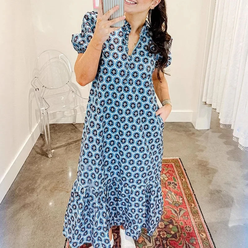 Elegant Women Bohmian Style Party Dress Chic Pattern Printed Loose A-line Dress Summer High Waist Puff Sleeve Casual Maxi Dress
Elegant Women Bohmian Style Party Dress Chic Pattern Printed Loose A-line Dress Summer High Waist Puff Sleeve Casual Maxi Dress
