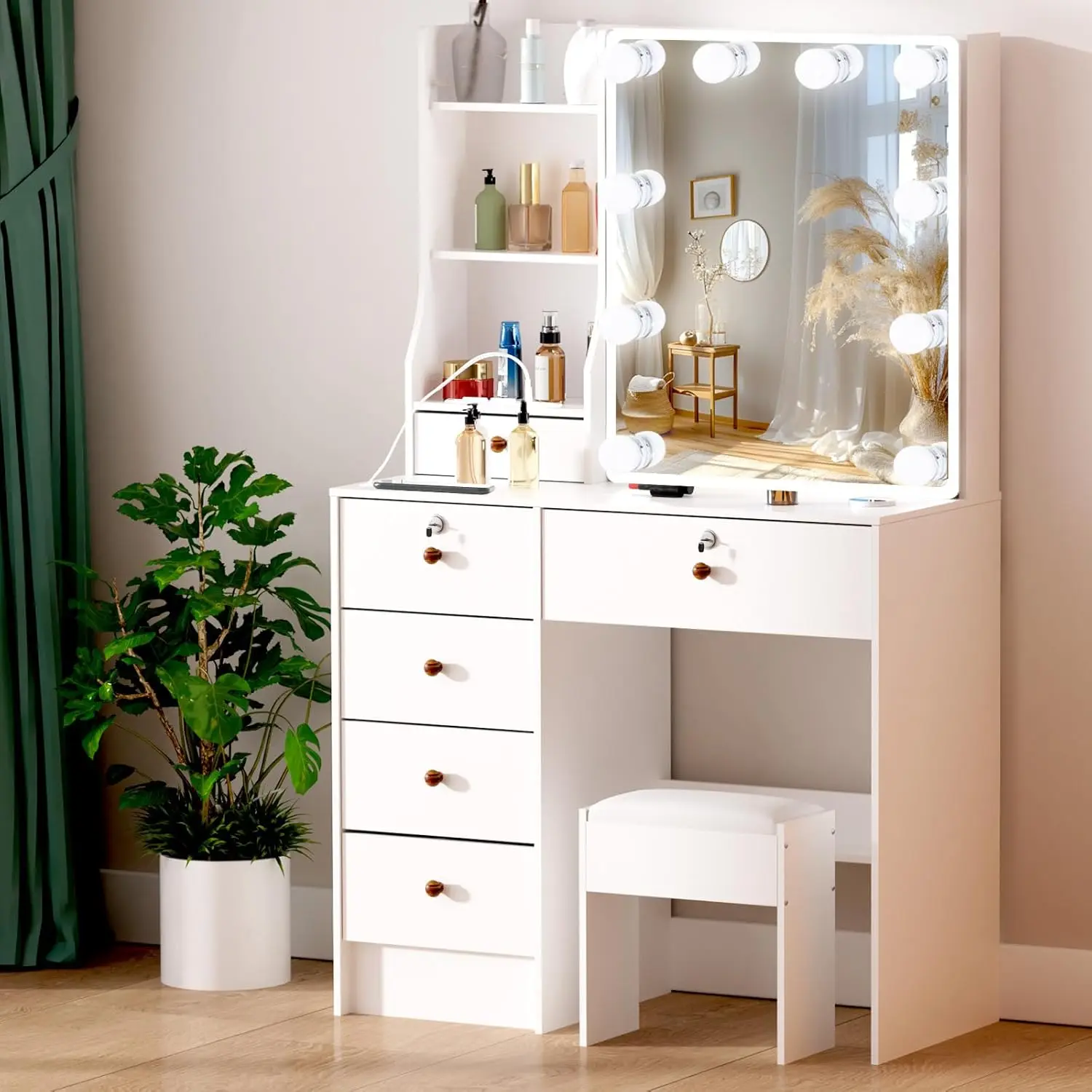 Vanity Desk with Mirror and Lights, Makeup Vanity Table Set with Chair, 10 LED Bulbs, 3 Lighting Colors, Makeup Desk with 6 Draw
Vanity Desk with Mirror and Lights, Makeup Vanity Table Set with Chair, 10 LED Bulbs, 3 Lighting Colors, Makeup Desk with 6 Draw