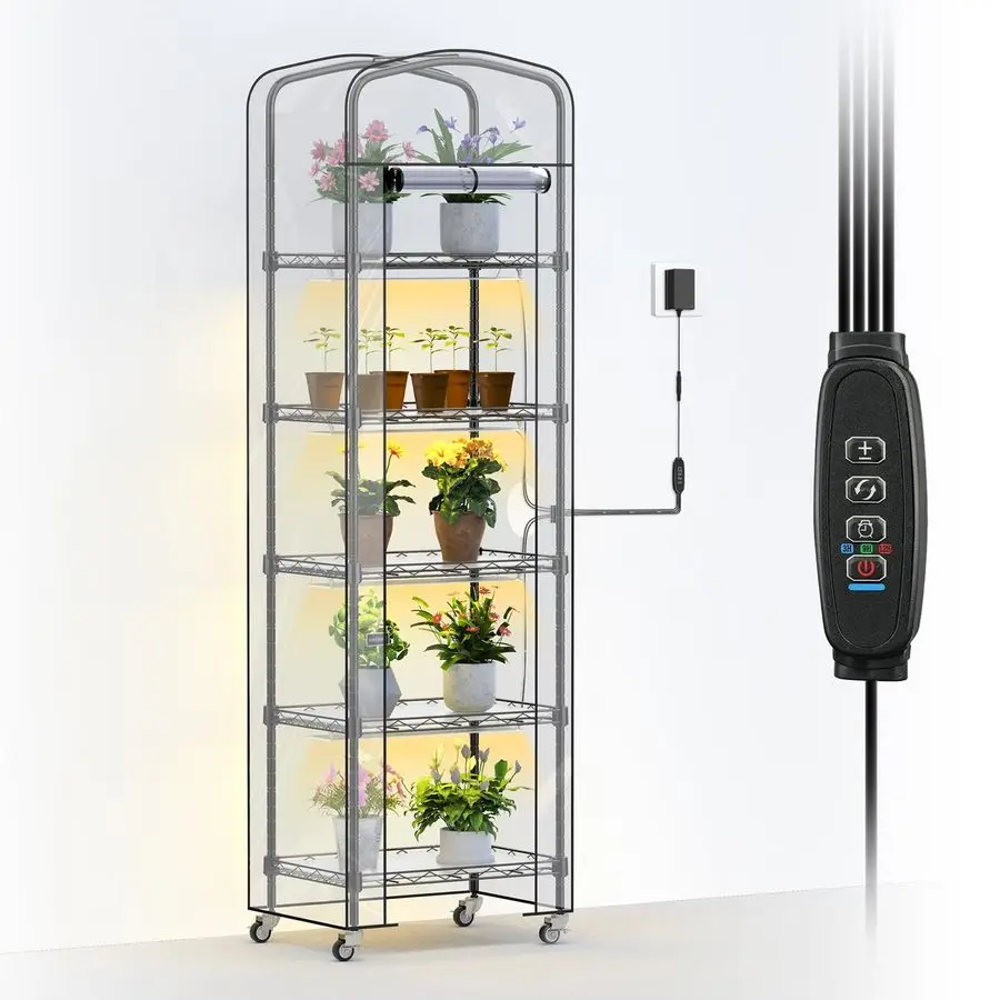5Tier Mini Greenhouse with Grow Light, Shelf Height Adjustable Metal Plant Shelf with PVC Cover and Wheels, Includes 4Pack Full
5Tier Mini Greenhouse with Grow Light, Shelf Height Adjustable Metal Plant Shelf with PVC Cover and Wheels, Includes 4Pack Full