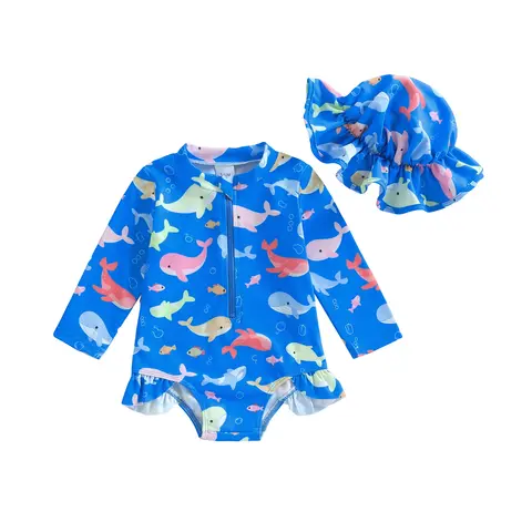 Ensemble de maillot de bain pour petite fille, protection contre les éruptions cutanées, poisson baleine, manches longues, fermeture éclair, avec chapeau, ensemble de 2 pièces