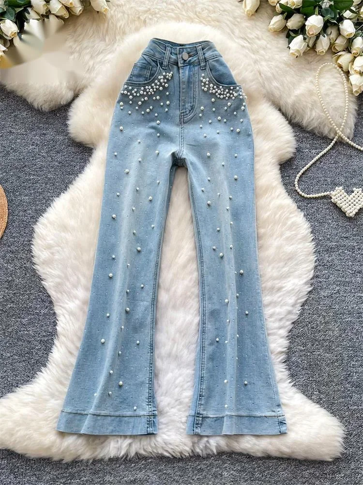 Pearl Beading Luxury Jeans Female Spring High Waist Slim Versatile Office Lady Ins Streetwear Denim Flare Pants
Pearl Beading Luxury Jeans Female Spring High Waist Slim Versatile Office Lady Ins Streetwear Denim Flare Pants