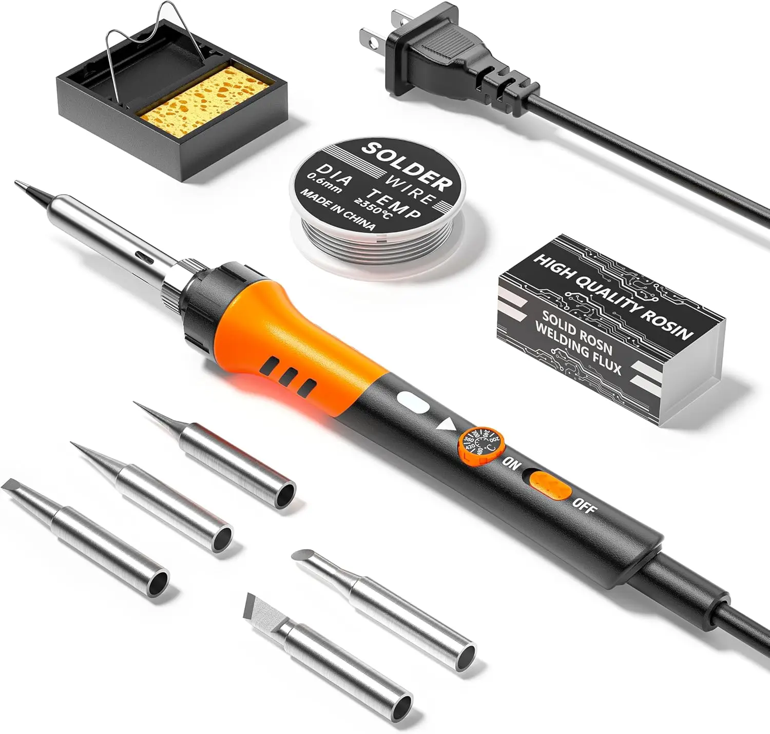 60W Adjustable Temperature Soldering Iron Kit, 9-in-1 with 5 Tips and Solder Wire Stand for Electronics Repair
60W Adjustable Temperature Soldering Iron Kit, 9-in-1 with 5 Tips and Solder Wire Stand for Electronics Repair