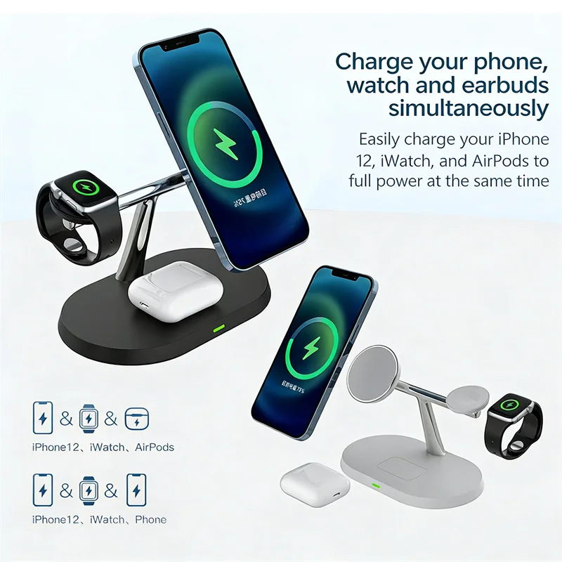 3 in 1 Magnetic Wireless Charger Stand for Magsafe iPhone 16/15/14/13/12 Apple Watch 8/7 & Airpods pro Fast Charging Station
3 in 1 Magnetic Wireless Charger Stand for Magsafe iPhone 16/15/14/13/12 Apple Watch 8/7 & Airpods pro Fast Charging Station