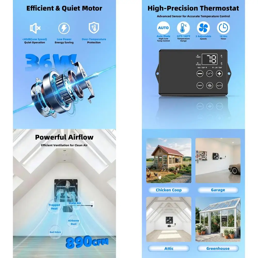 10 Inch Upgraded Shutter Exhaust Fan with Temperature Control and Remote, Wall-Mounted for Garages, Attics, Greenhouses, Sheds,
10 Inch Upgraded Shutter Exhaust Fan with Temperature Control and Remote, Wall-Mounted for Garages, Attics, Greenhouses, Sheds,