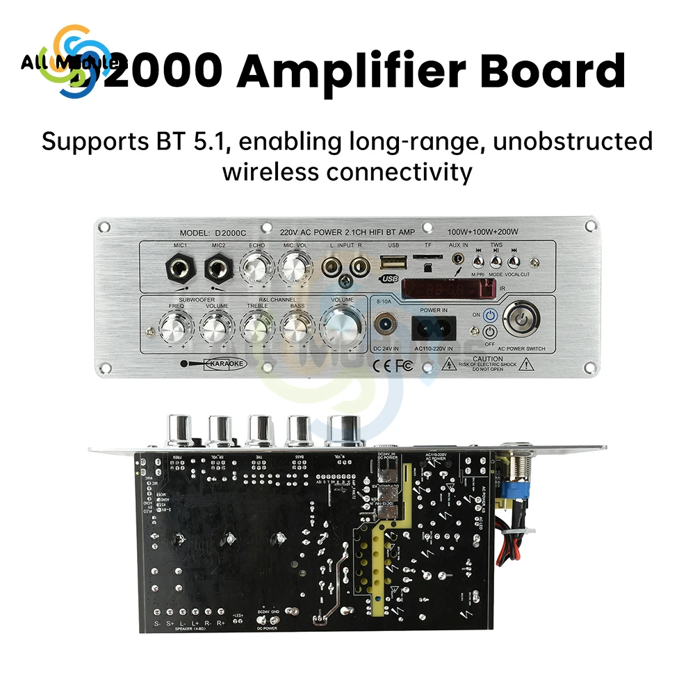 Плата усилителя Bluetooth D2000, 2,1-канальный DC 24 В/AC110-220 В, 100 Вт + 100 Вт + 200 Вт, плата усилителя высокой мощности с выходом для домашнего аудио
Плата усилителя Bluetooth D2000, 2,1-канальный DC 24 В/AC110-220 В, 100 Вт + 100 Вт + 200 Вт, плата усилителя высокой мощности с выходом для домашнего аудио