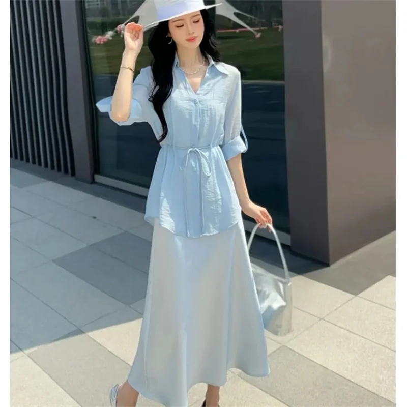 Women Shirt Sleeveless Dresses Two Piece Set Summer Female Thin Sun Protection Clothing Ladies Fashion Silk Camisole Dress 2PCS
Women Shirt Sleeveless Dresses Two Piece Set Summer Female Thin Sun Protection Clothing Ladies Fashion Silk Camisole Dress 2PCS