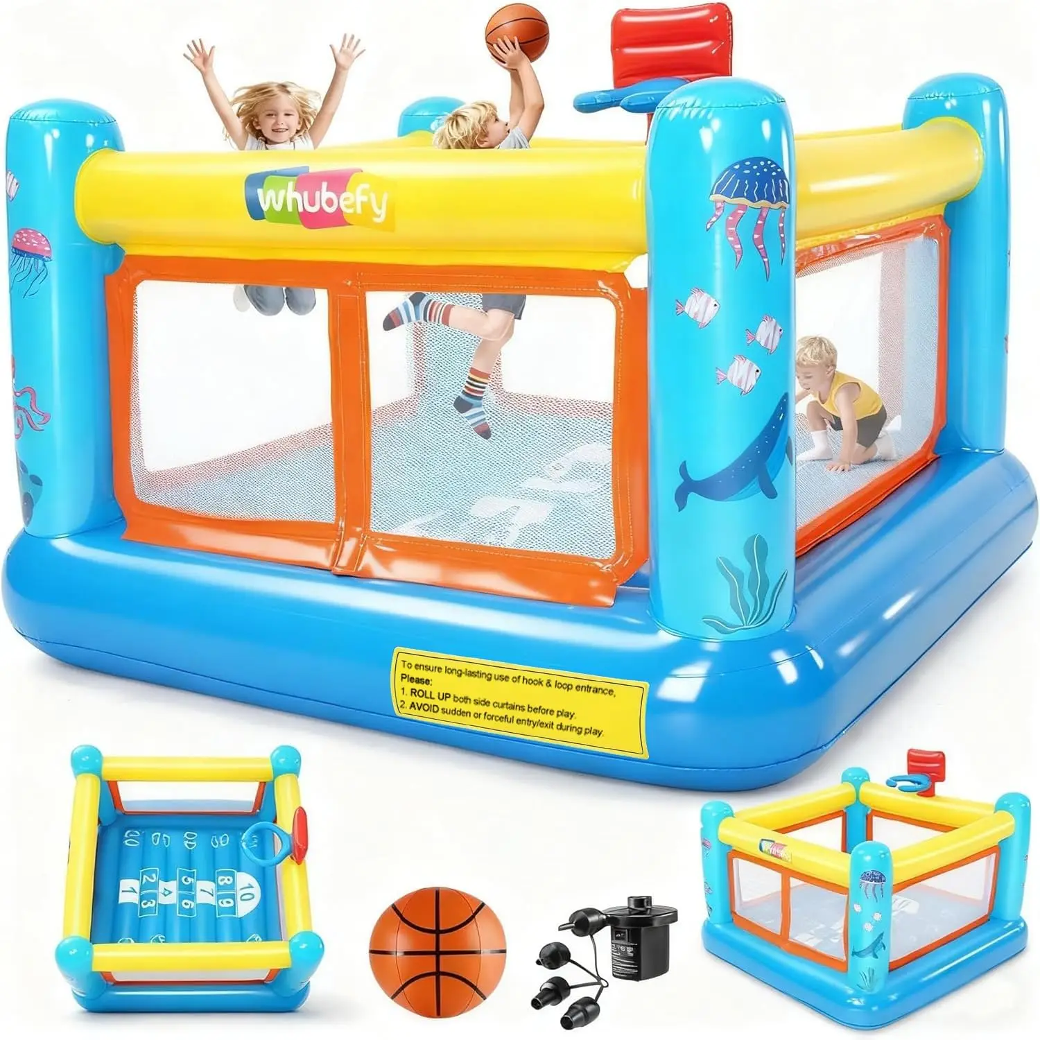 PVC Inflatable Bouncy Castle for Kids Ages 3-6, Indoor/Outdoor Toddler Jumping House with Basketball Hoop, Game Map, and Air Pump Included
PVC Inflatable Bouncy Castle for Kids Ages 3-6, Indoor/Outdoor Toddler Jumping House with Basketball Hoop, Game Map, and Air Pump Included