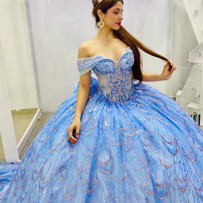 Shiny Blue Quinceanera Dress Crystal Glitter Decal off-shoulder flower Bow Long tail Vestidos De 15 Quinceanera Customize
Shiny Blue Quinceanera Dress Crystal Glitter Decal off-shoulder flower Bow Long tail Vestidos De 15 Quinceanera Customize