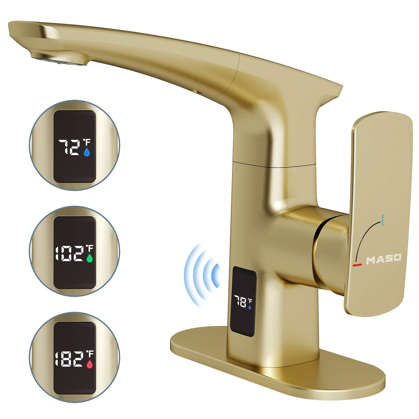 MASO Touchless Bathroom Faucet, Pull-Down, 2 Spray Modes, Temp Display °F, Motion Sensor, 360° Swivel, Brushed Gold
MASO Touchless Bathroom Faucet, Pull-Down, 2 Spray Modes, Temp Display °F, Motion Sensor, 360° Swivel, Brushed Gold