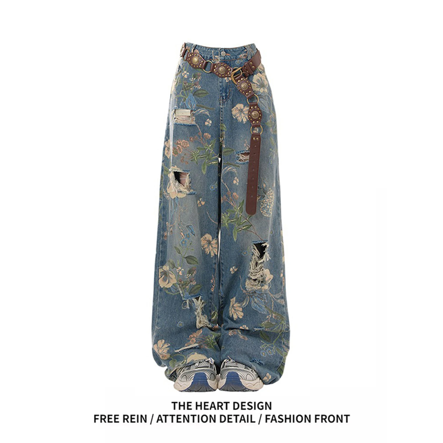 Y2K Women's Vintage Floral Print Distressed Wide Leg Jeans With Buckle Belt Streetwear Casual Denim Pants 
Y2K Women's Vintage Floral Print Distressed Wide Leg Jeans With Buckle Belt Streetwear Casual Denim Pants